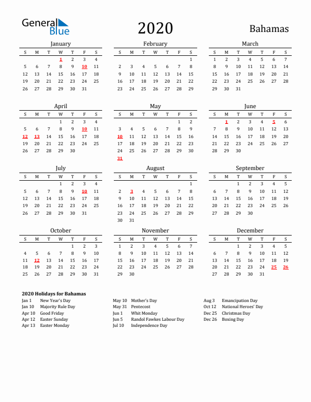Bahamas Holidays Calendar for 2020
