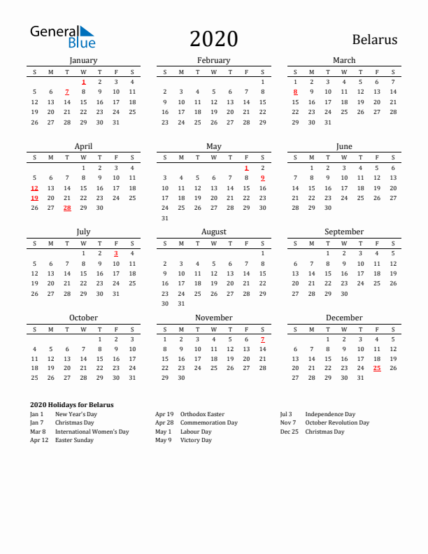 Belarus Holidays Calendar for 2020