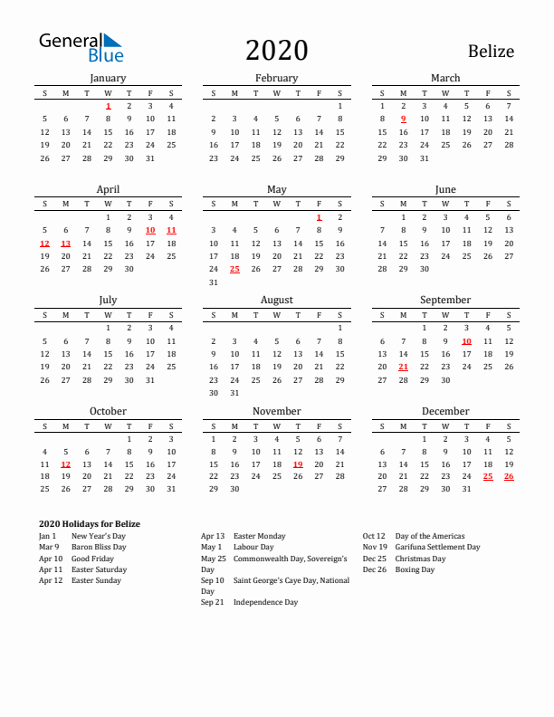 Belize Holidays Calendar for 2020