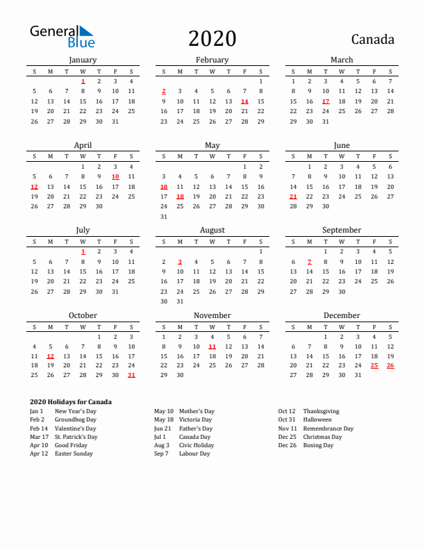 Canada Holidays Calendar for 2020