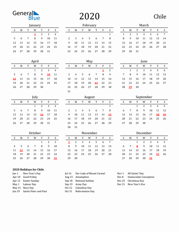 Chile Holidays Calendar for 2020