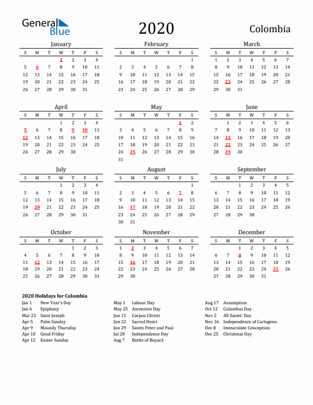 Colombia Holidays Calendar for 2020
