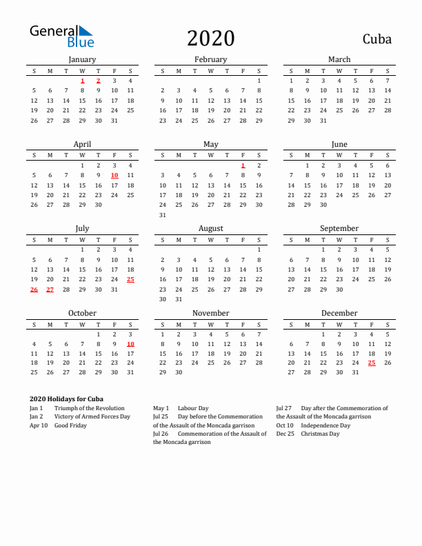 Cuba Holidays Calendar for 2020