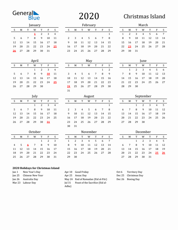 Christmas Island Holidays Calendar for 2020
