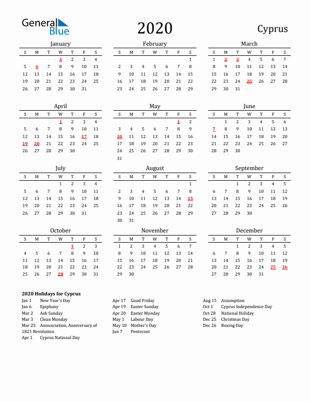 Cyprus Holidays Calendar for 2020