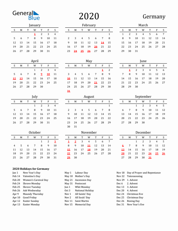 Germany Holidays Calendar for 2020