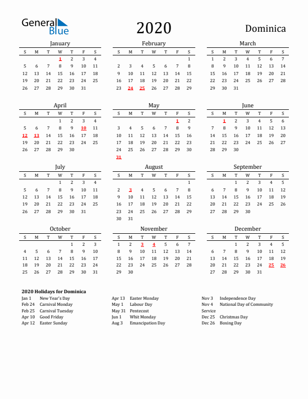 Dominica Holidays Calendar for 2020