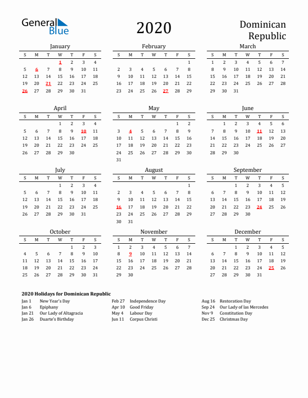Dominican Republic Holidays Calendar for 2020