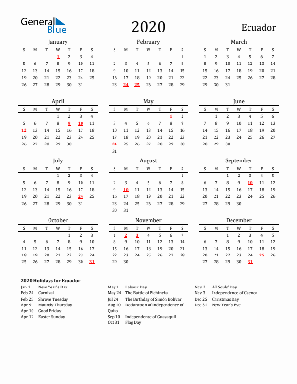 Ecuador Holidays Calendar for 2020