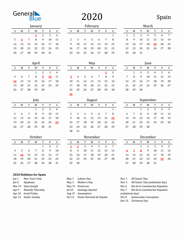 Spain Holidays Calendar for 2020