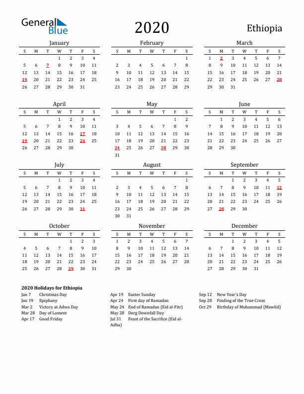 Ethiopia Holidays Calendar for 2020