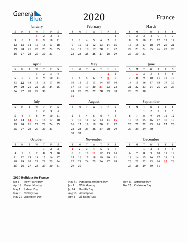 France Holidays Calendar for 2020