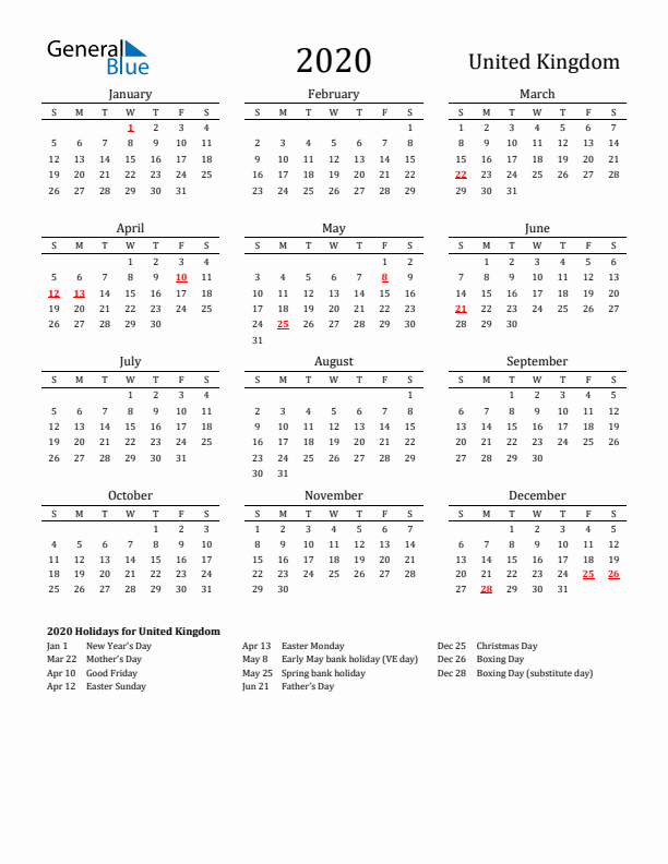 United Kingdom Holidays Calendar for 2020