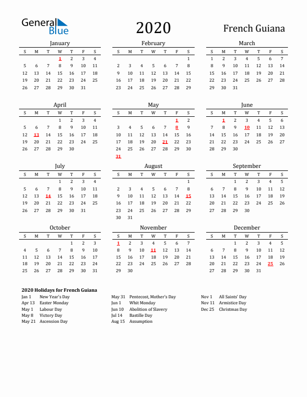 French Guiana Holidays Calendar for 2020