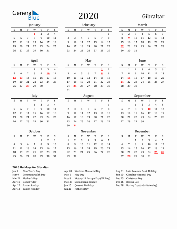 Gibraltar Holidays Calendar for 2020