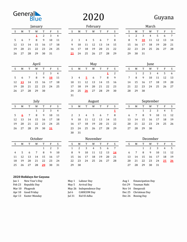 Guyana Holidays Calendar for 2020
