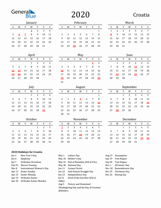 Croatia Holidays Calendar for 2020