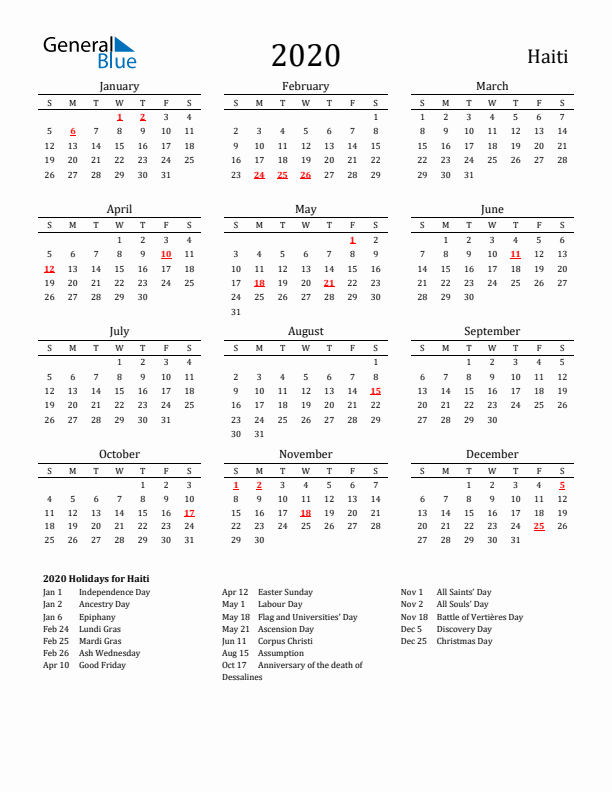 Haiti Holidays Calendar for 2020