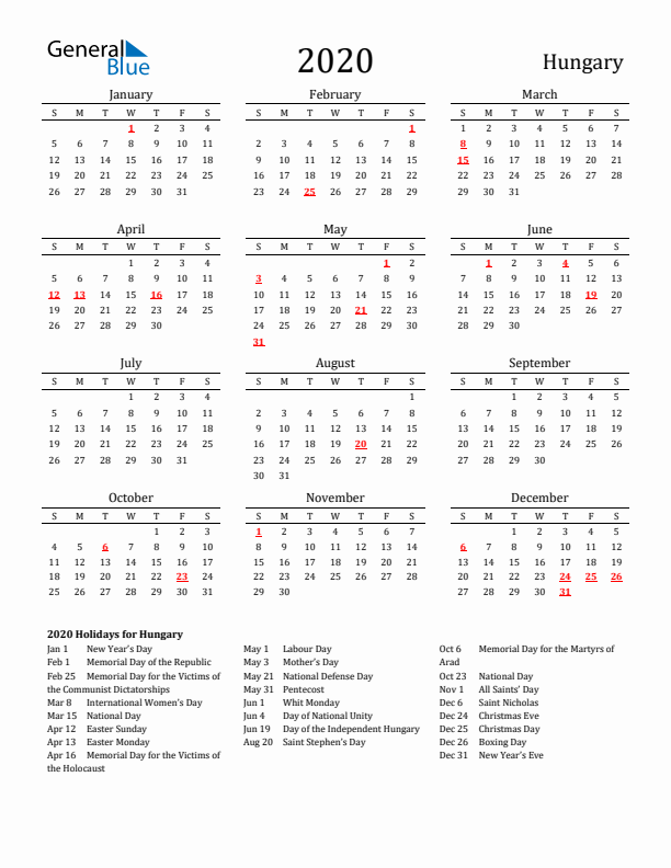 Hungary Holidays Calendar for 2020