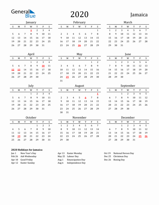 Jamaica Holidays Calendar for 2020
