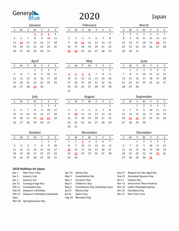 Japan Holidays Calendar for 2020