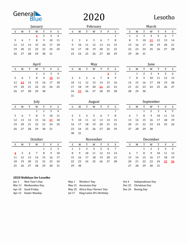 Lesotho Holidays Calendar for 2020