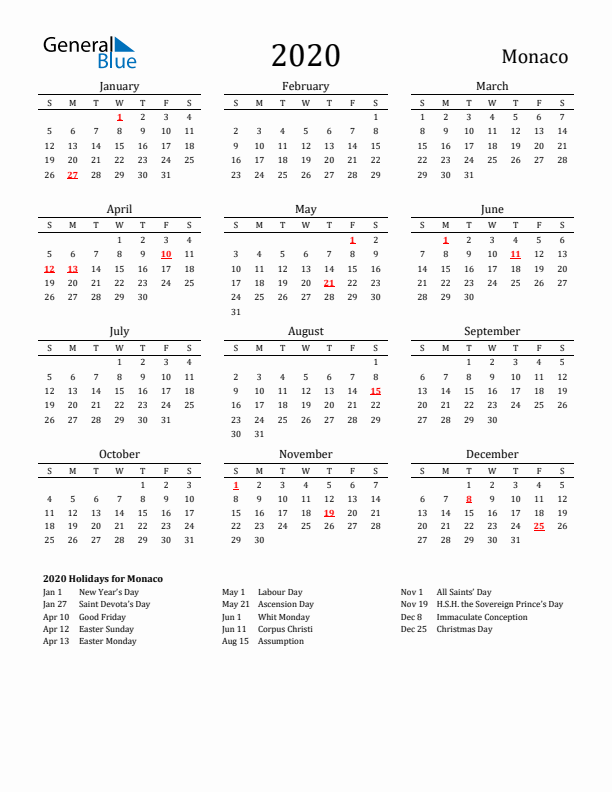Monaco Holidays Calendar for 2020