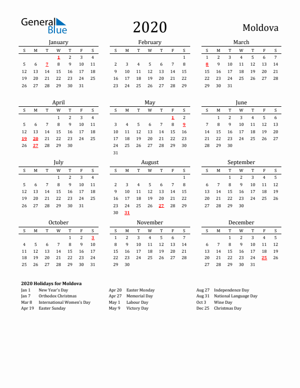 Moldova Holidays Calendar for 2020