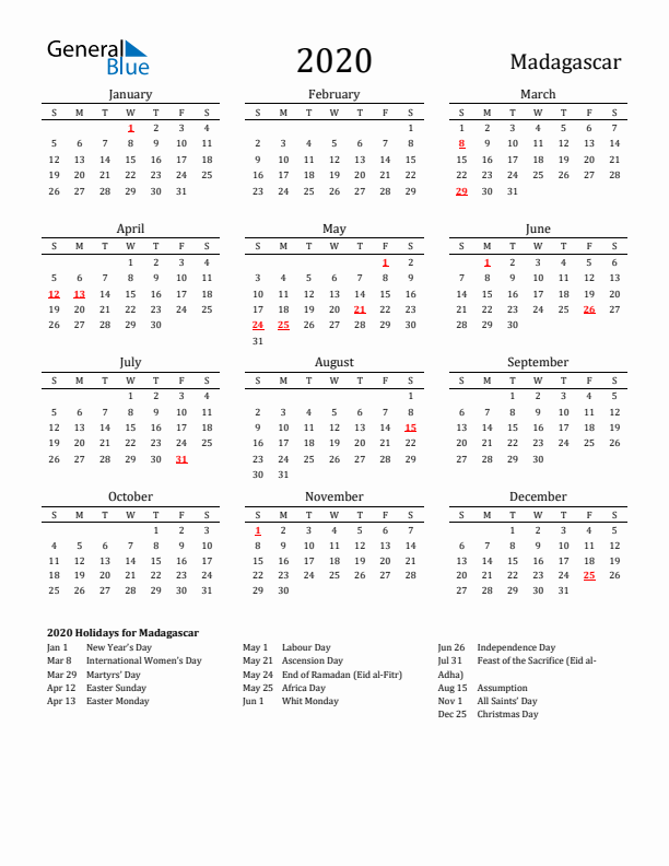 Madagascar Holidays Calendar for 2020