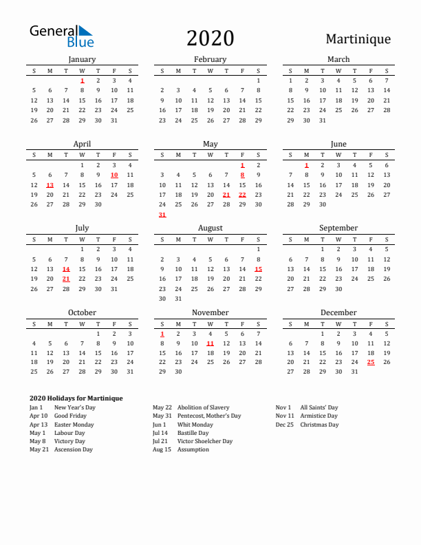 Martinique Holidays Calendar for 2020