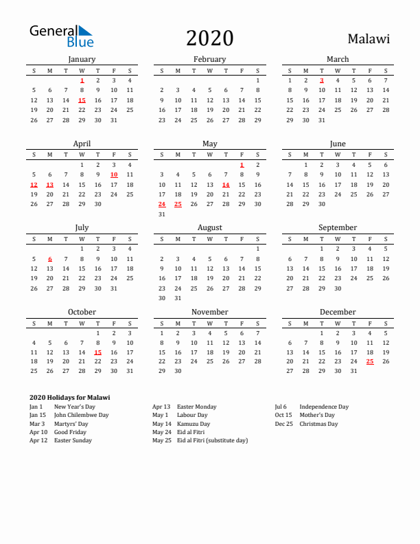 Malawi Holidays Calendar for 2020