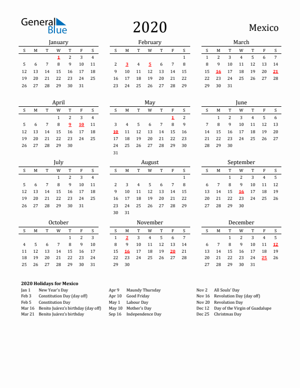 Mexico Holidays Calendar for 2020