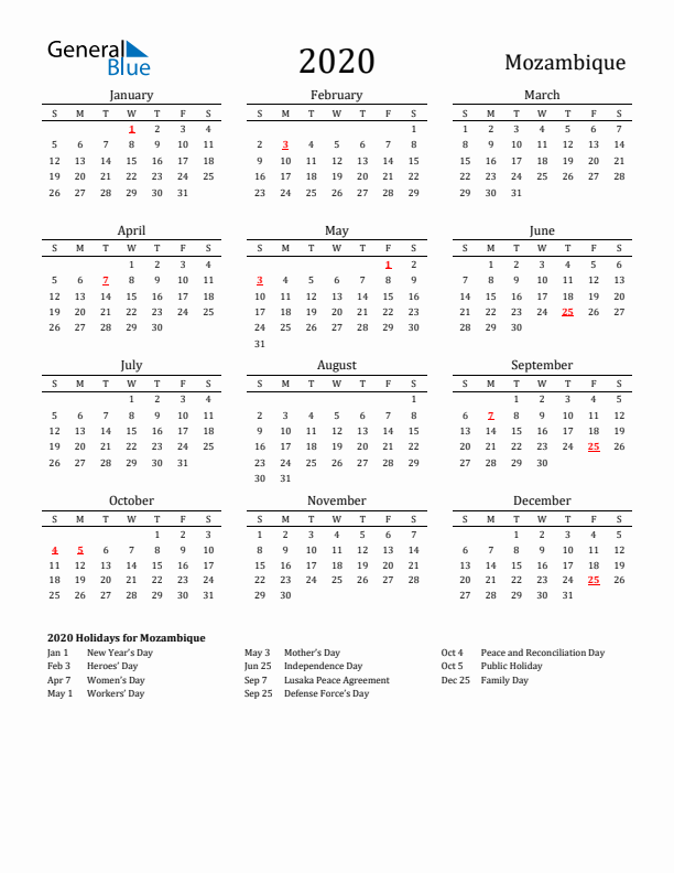 Mozambique Holidays Calendar for 2020