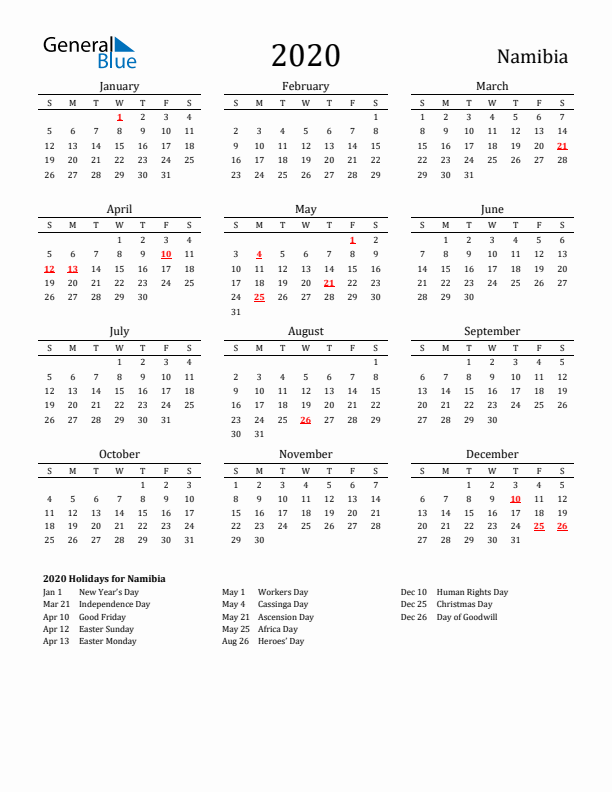 Namibia Holidays Calendar for 2020