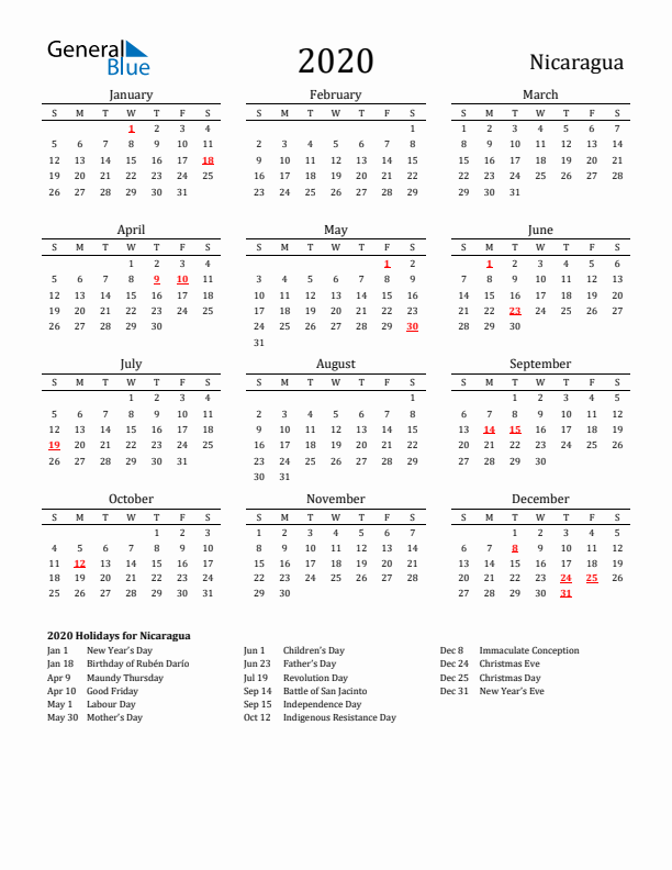 Nicaragua Holidays Calendar for 2020