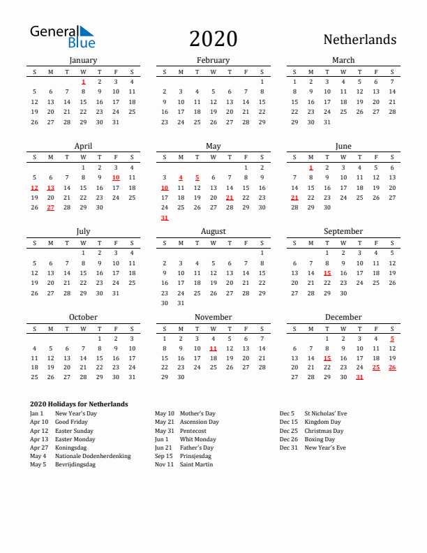 The Netherlands Holidays Calendar for 2020