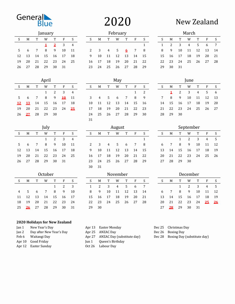 Free New Zealand Holidays Calendar for Year 2020