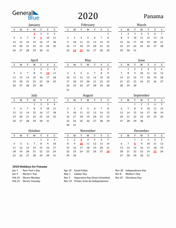 Panama Holidays Calendar for 2020