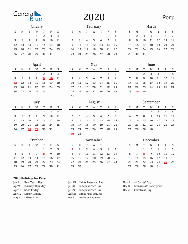 Peru Holidays Calendar for 2020