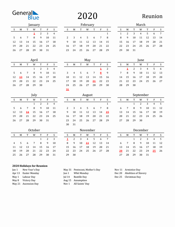 Reunion Holidays Calendar for 2020