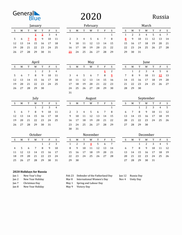 Russia Holidays Calendar for 2020