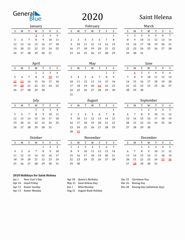 Saint Helena Holidays Calendar for 2020