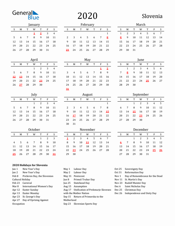 Slovenia Holidays Calendar for 2020