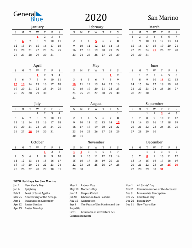 San Marino Holidays Calendar for 2020