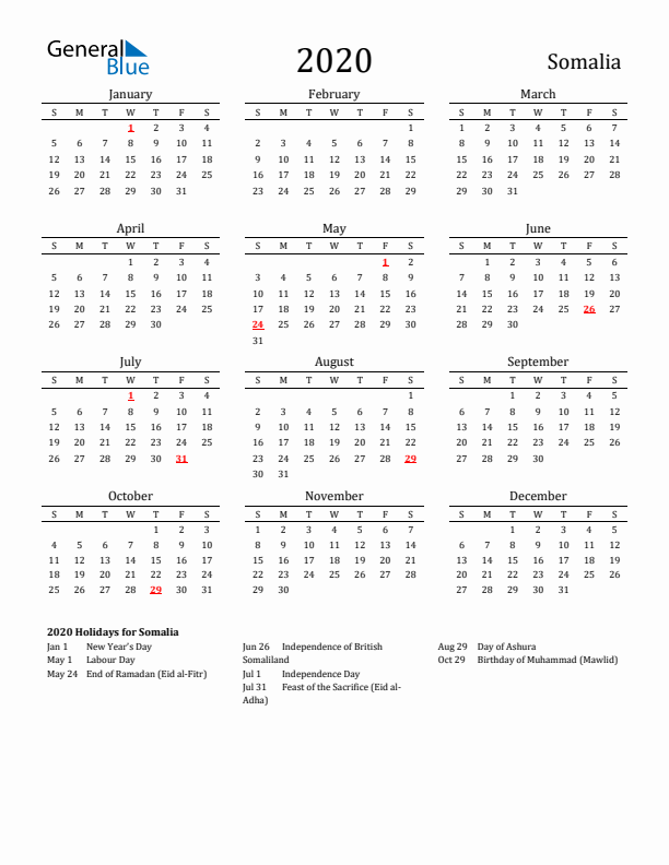 Somalia Holidays Calendar for 2020