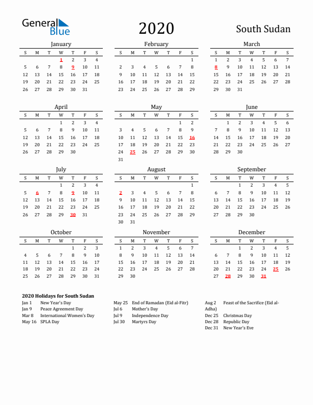 South Sudan Holidays Calendar for 2020