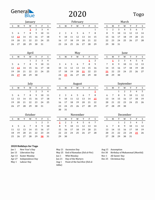 Togo Holidays Calendar for 2020