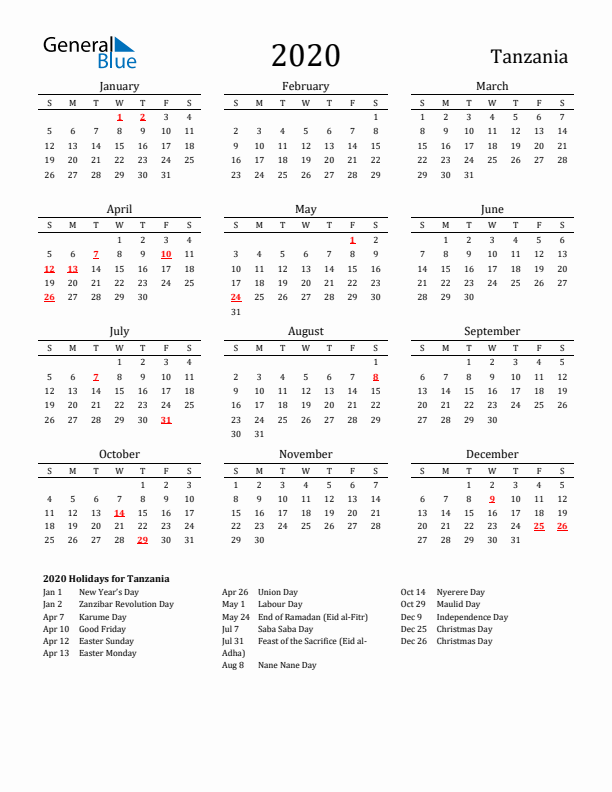 Tanzania Holidays Calendar for 2020
