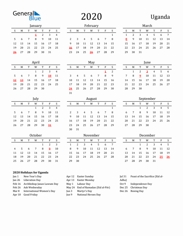 Uganda Holidays Calendar for 2020