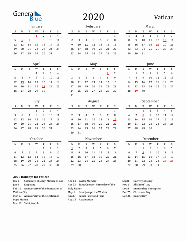 Vatican Holidays Calendar for 2020